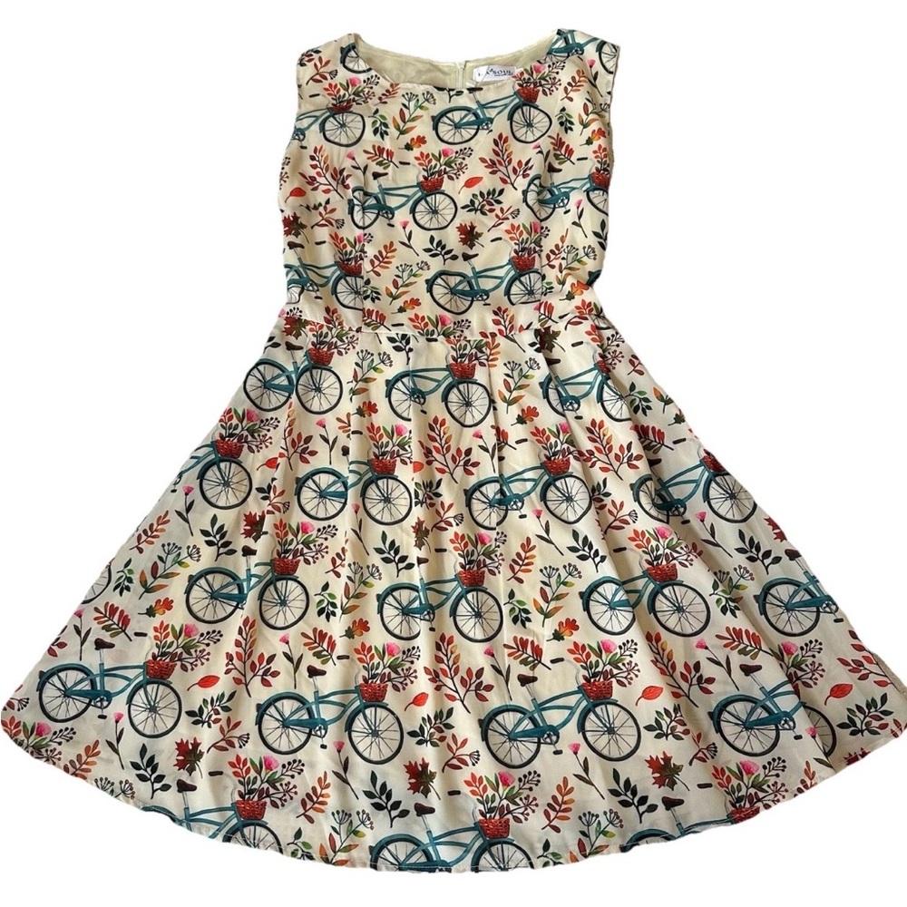 LA Soul Toots Suite Bicycle Floral Print Skater A-Line Dress-S-Cottagecore